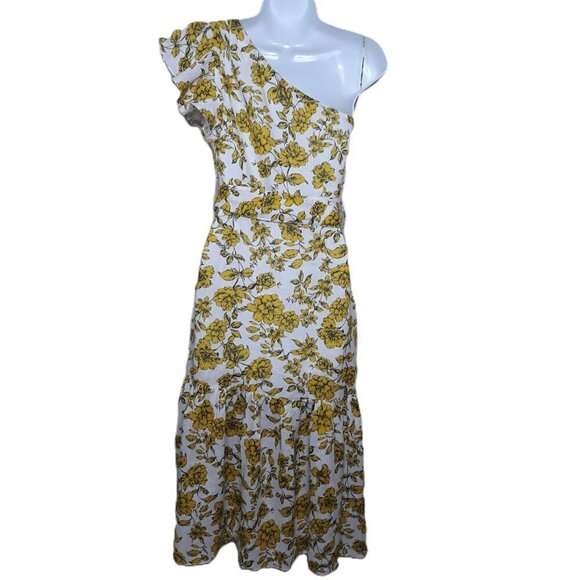 Christy Lynn Linen Floral One Shoulder Midi Dress 0 Yellow Party Wedding Event - Picture 9 of 11